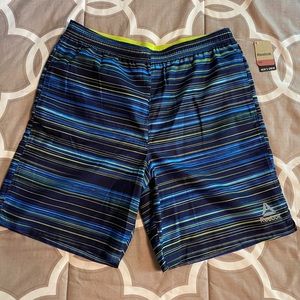 🌊 NEW With Tags! Reebok Striped Men’s Swim Trunks Size L Swimsuit, Blue, Lime